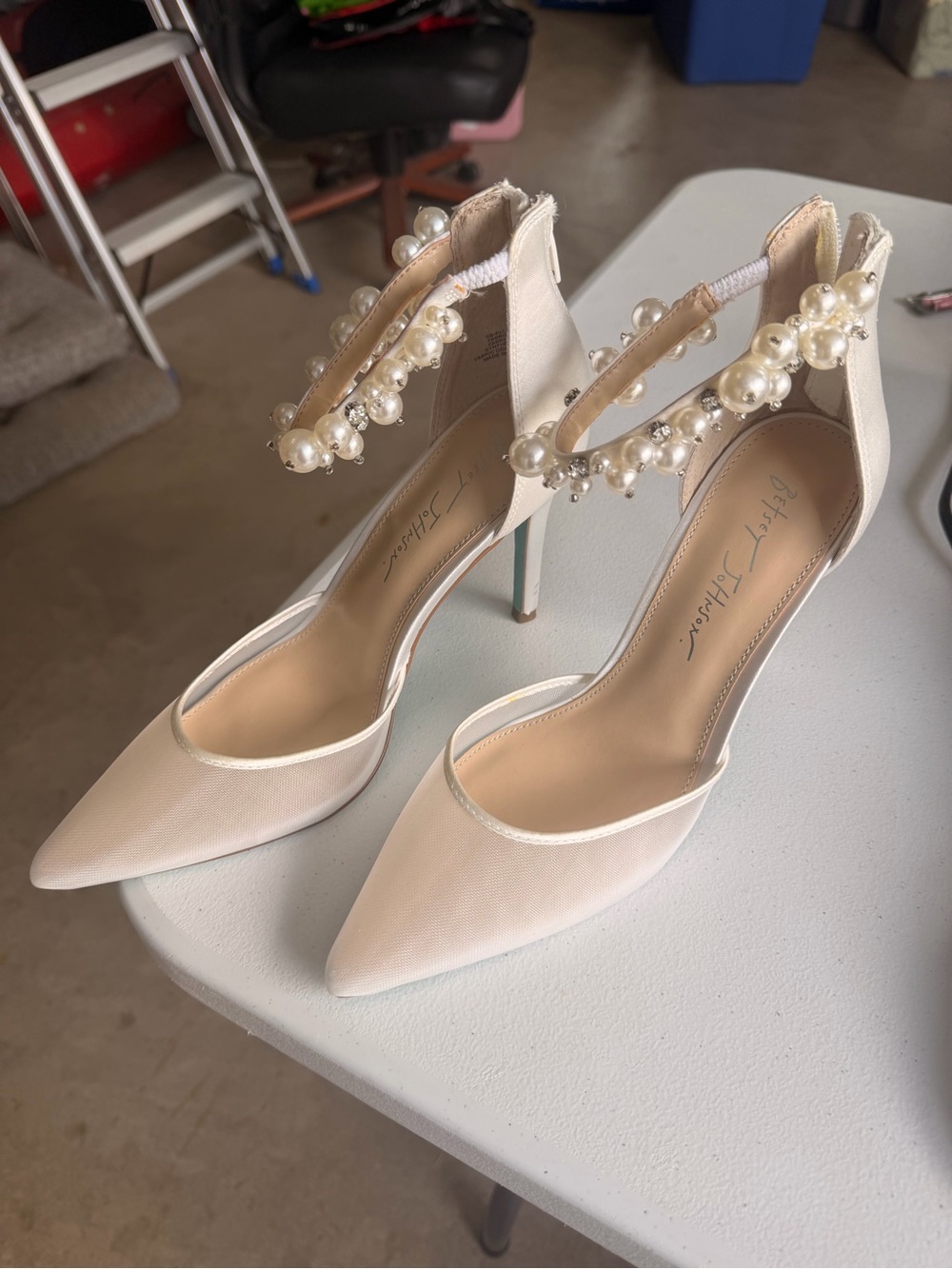 Betsey Johnson Pearl-Ankle Strap Pointed Toe Heels - Cream